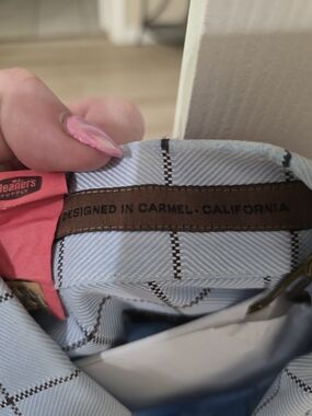 Carmel By The Sea Light Blue Plaid Lined Shirt with Brown Trim